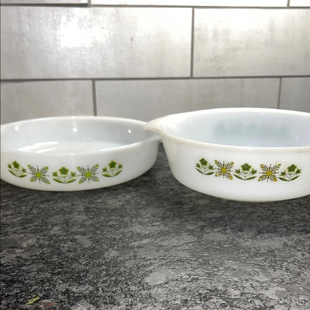 Vintage Fire King Meadow Green Floral Casserole Dishes. Exc like new condition